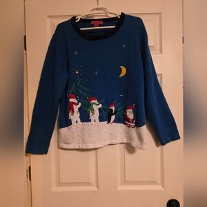 Festive Blue Sweater with Holiday Design